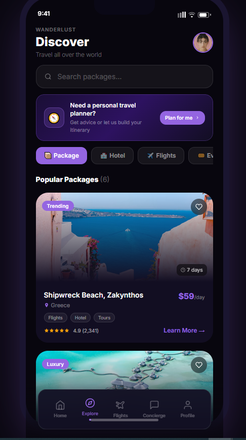 WanderLust explore screen, browsing destinations by type.