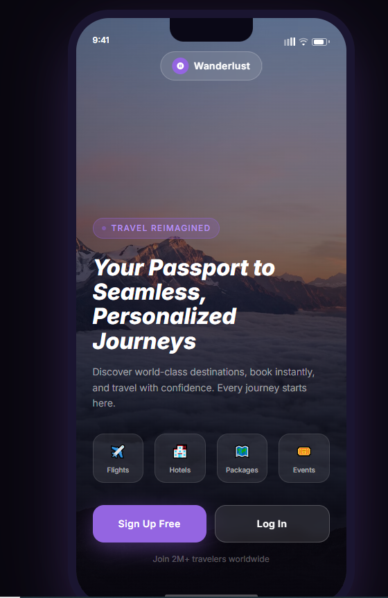 WanderLust splash screen with the sign up and log in choice.