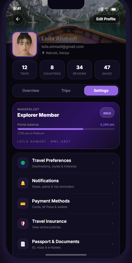WanderLust profile settings screen.